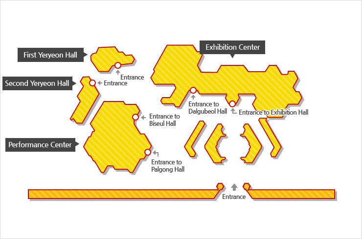 문화예술회관 입구안내-제1예련관 입구안내, 제2예련관  입구 안내 , 공연관:비슬홀 압구 안내, 팔공홀 입구안내, 전시관: 달구벌홀 입구안내,전시장 입구안내  