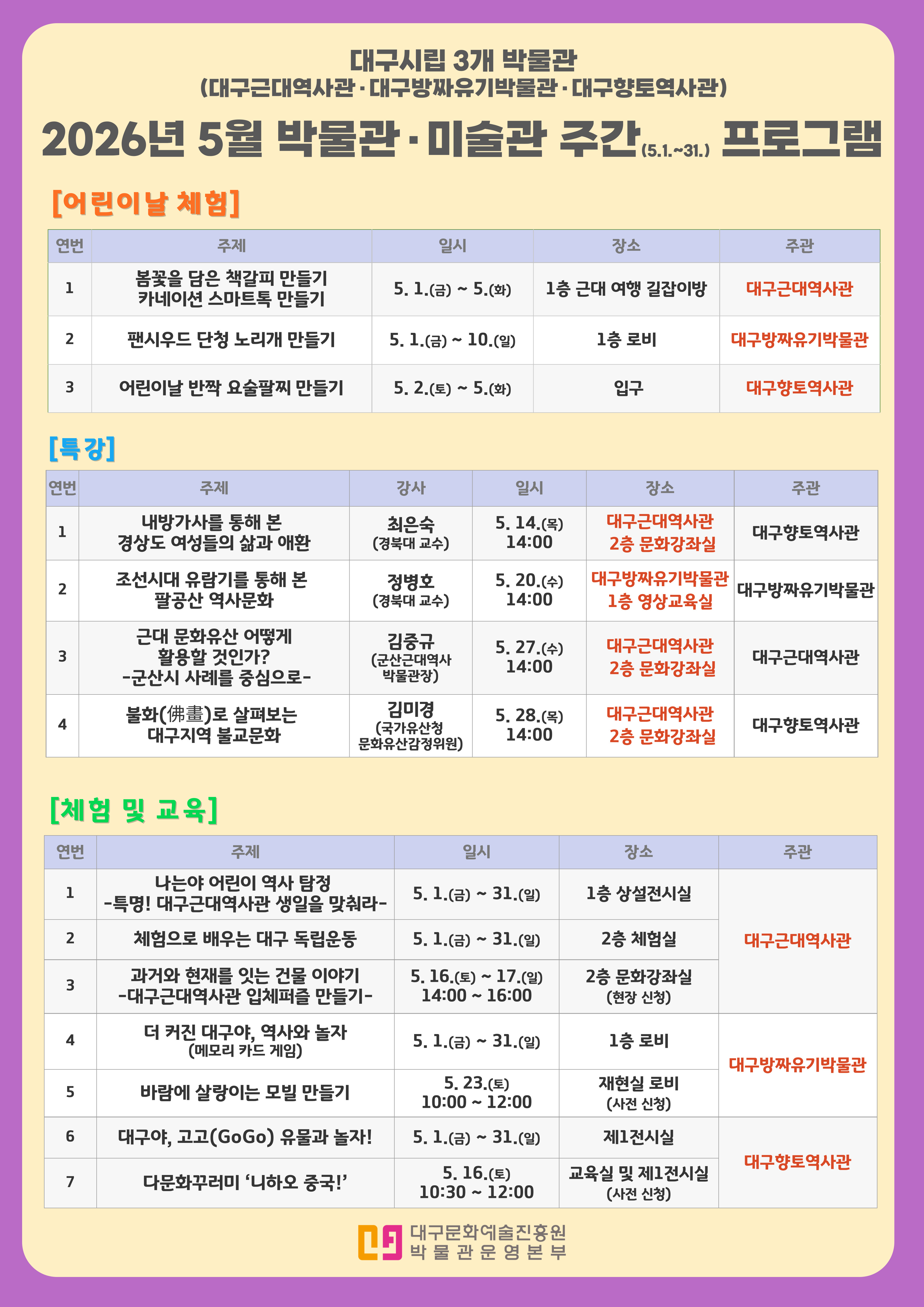 2026년 박물관운영본부 대구 시립 3개관 박미 주간 프로그램 안내 이미지지첨부파일 2026_3개관_박미주간_프로그램_안내(최종).jpg