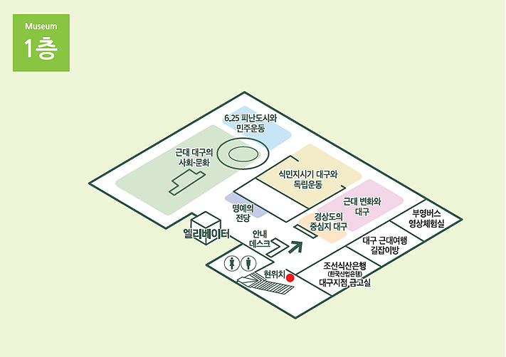 ○ 안내데스크                       

○ 조선식산은행(한국산업은행) 대구지점 금고실

○ 대구 근대여행 길잡이방            

○ 부영버스 영상체험실

○ 경상도의 중심지 대구              


○ 근대 변화와 대구
 

○ 식민지시기 대구와 독립운동
  
 
○ 근대 대구의 사회‧문화

 
○ 6‧25피난도시와 민주운동

○ 기증자 명예의 전당